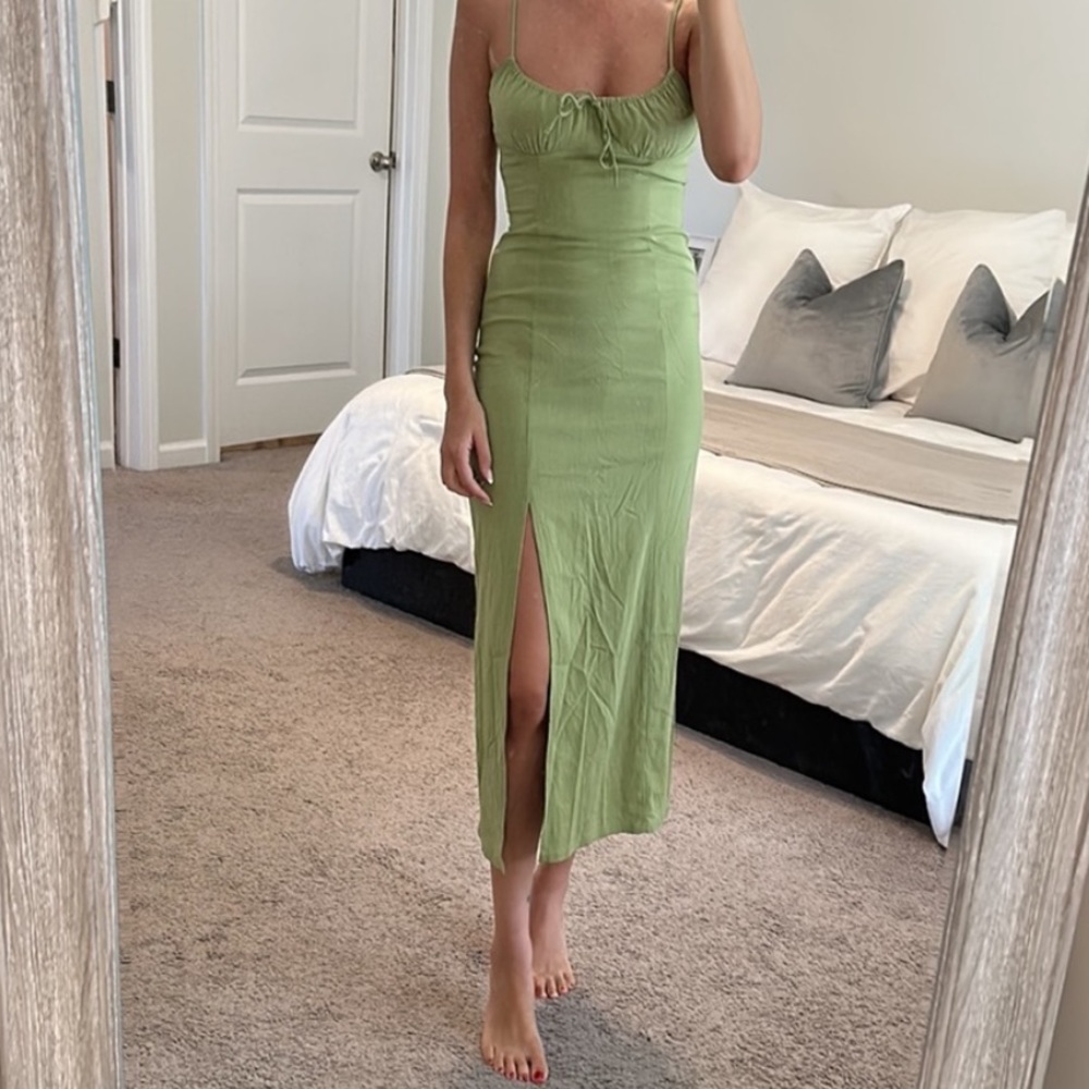 Green Zara dress with slit, ties in front